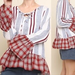 Umgee Red and Blue Striped Blouse